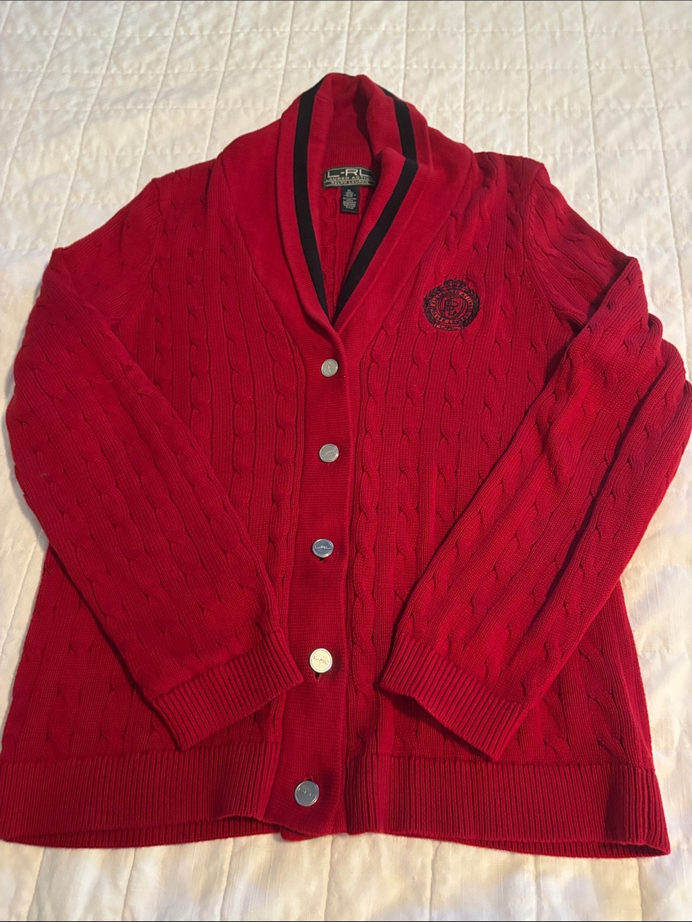 RLX Ralph Lauren Red Cable-Knit Shawl Collar Cardigan with Black Trim